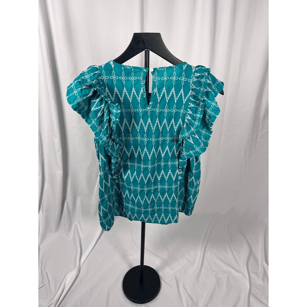 Universal Thread Green Embroidered Ruffle Sleeve Top Size S Boho Cotton Blouse - Picture 2 of 5